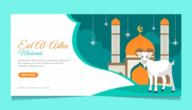 Vector gratuito plantilla de banner horizontal plano eid al-adha con palacio y carnero