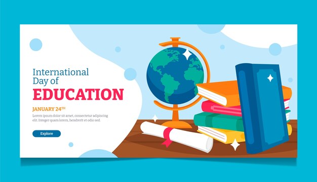 Plantilla de banner horizontal plano para el evento del día internacional de la educación