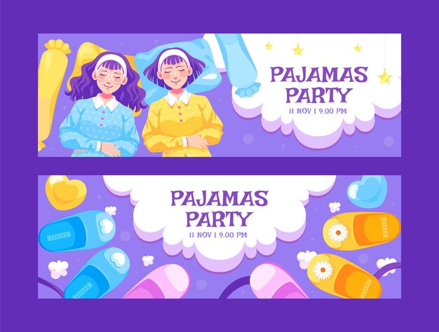 Plantilla de banner horizontal plano para fiesta de pijamas