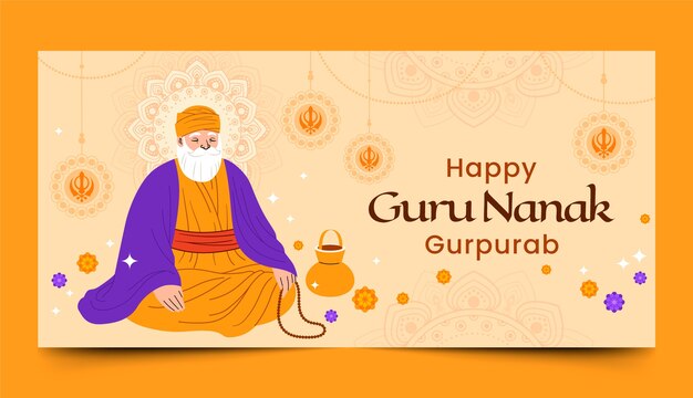 Plantilla de banner horizontal plano gurú nanak gurpurab