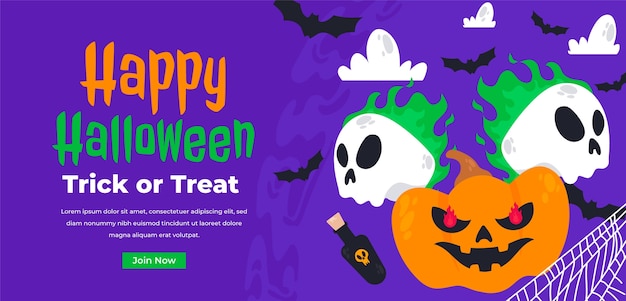 Plantilla de banner horizontal plano de halloween