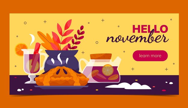 Plantilla de banner horizontal plano hola noviembre