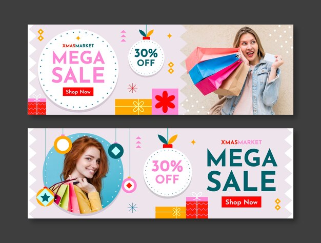 Plantilla de banner horizontal plano para mercado navideño