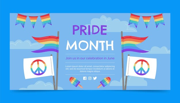 Plantilla de banner horizontal plano del mes del orgullo lgbt
