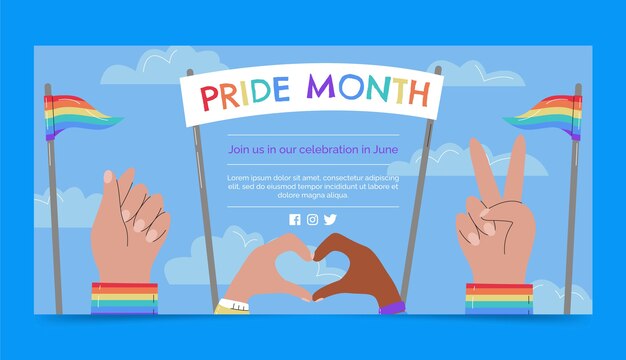 Plantilla de banner horizontal plano del mes del orgullo lgbt