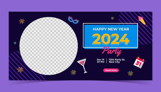 Plantilla de banner horizontal plano para el nuevo año 2024 con vidrio y calendario