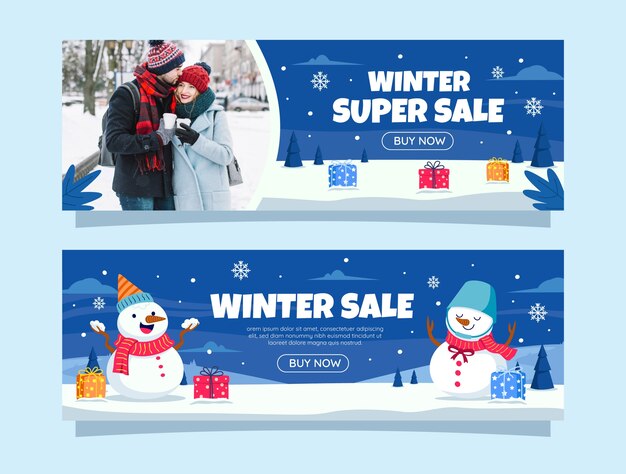 Plantilla de banner horizontal plano para la temporada de invierno con muñecos de nieve y regalos