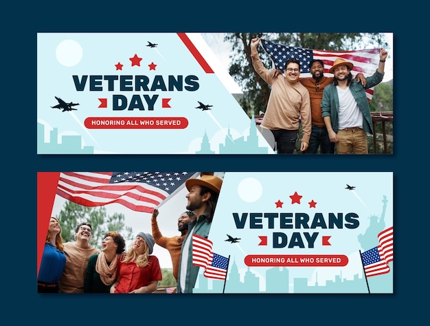 Plantilla de banner horizontal plano para las vacaciones del día de los veteranos estadounidenses