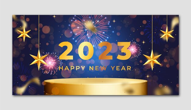 Plantilla de banner horizontal realista de año nuevo 2023