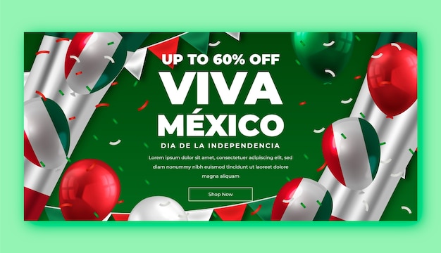 Vector gratuito plantilla de banner horizontal realista para la celebración del día de la independencia de méxico