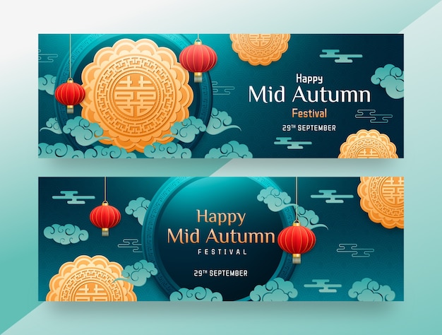 Plantilla de banner horizontal realista para la celebración del festival chino del medio otoño