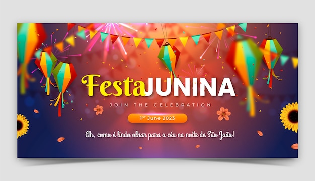 Vector gratuito plantilla de banner horizontal realista para celebraciones de festas juninas brasileñas