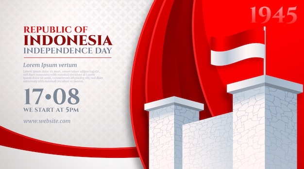 Vector gratuito plantilla de banner horizontal realista del día de la independencia de indonesia con bandera en monumento