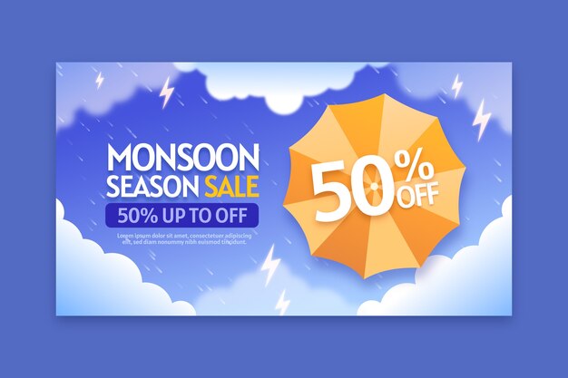 Plantilla de banner horizontal realista para las ventas de la temporada del monzón