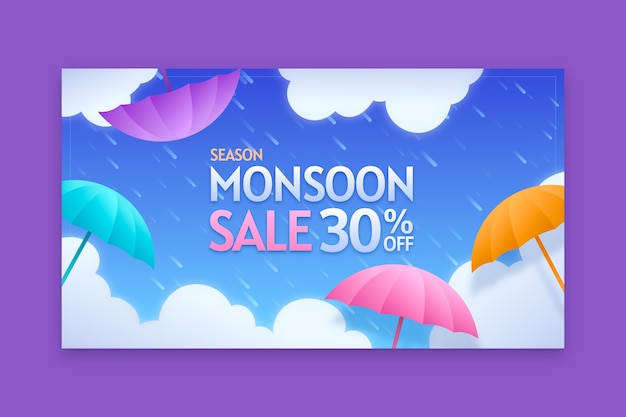 Plantilla de banner horizontal realista para las ventas de la temporada del monzón
