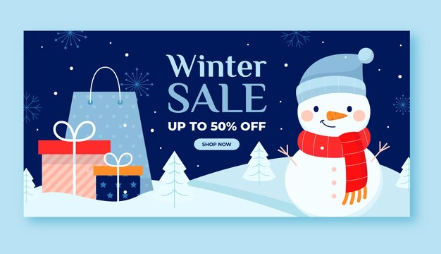 Plantilla de banner horizontal de rebajas planas de invierno