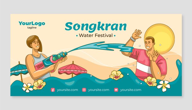 Plantilla de banner horizontal de songkran dibujado a mano