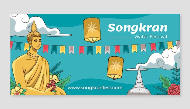 Plantilla de banner horizontal de songkran dibujado a mano