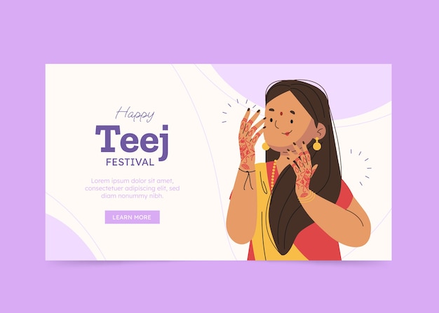 Vector gratuito plantilla de banner horizontal teej plano con mujer mostrando manos de henna