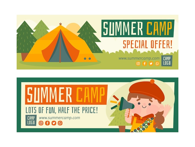 Vector gratuito plantilla de banner horizontal de venta de camping de verano plano