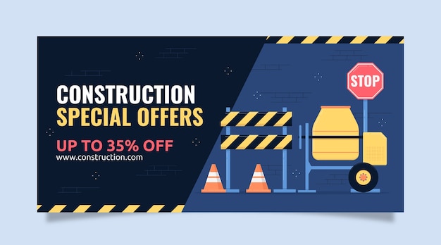 Plantilla de banner horizontal de venta de construcción plana