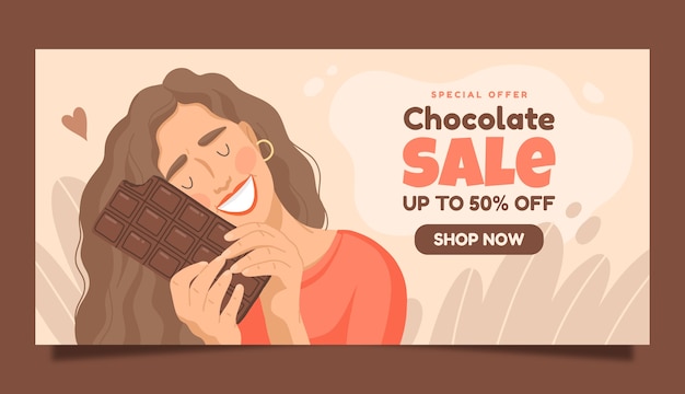 Plantilla de banner horizontal de venta de día mundial del chocolate plano