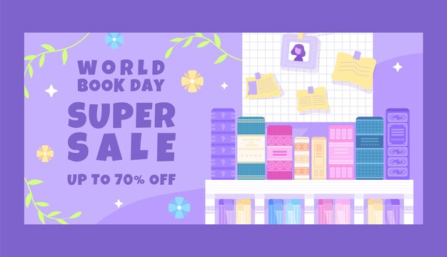 Plantilla de banner horizontal de venta de día mundial del libro plano