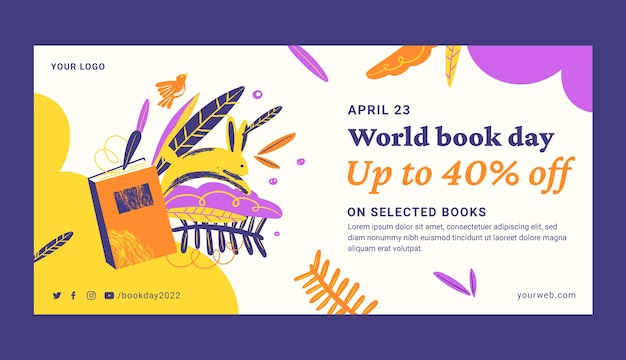 Vector gratuito plantilla de banner horizontal de venta de día mundial del libro plano