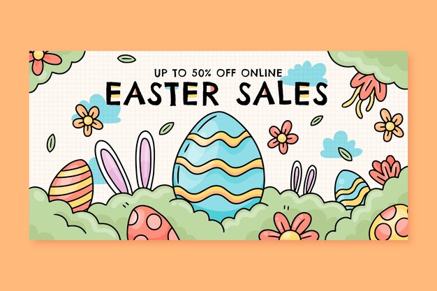 Plantilla de banner horizontal de venta de pascua dibujada a mano