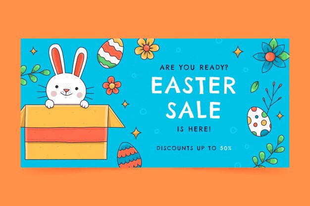 Plantilla de banner horizontal de venta de pascua dibujada a mano