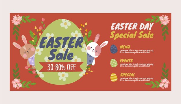 Plantilla de banner horizontal de venta de pascua dibujada a mano