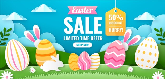 Plantilla de banner horizontal de venta de pascua de estilo de papel