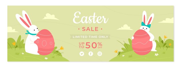 Plantilla de banner horizontal de venta de pascua plana