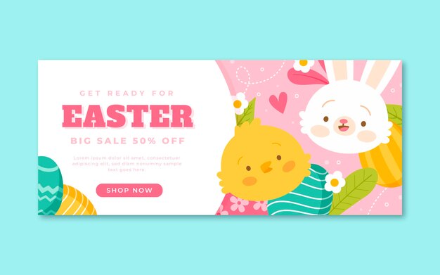 Plantilla de banner horizontal de venta de pascua plana