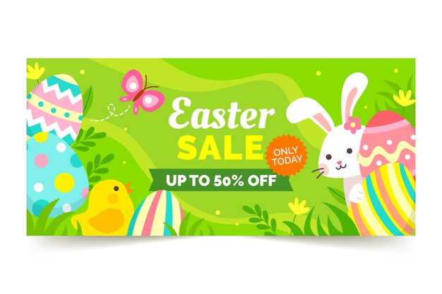 Plantilla de banner horizontal de venta de pascua plana