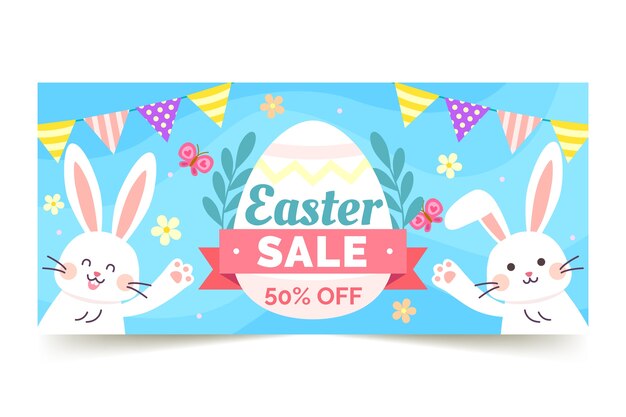 Plantilla de banner horizontal de venta de pascua plana