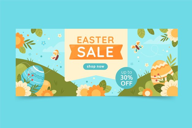 Plantilla de banner horizontal de venta de pascua plana