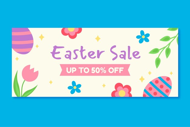 Plantilla de banner horizontal de venta de pascua plana