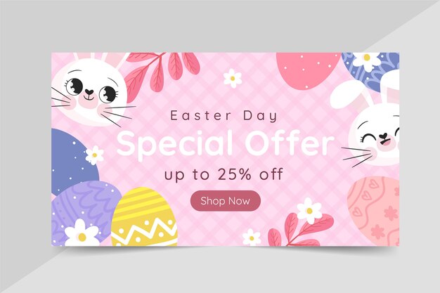 Plantilla de banner horizontal de venta de pascua plana