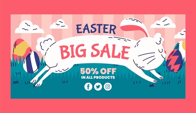 Plantilla de banner horizontal de venta de pascua plana