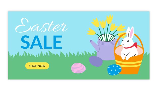 Plantilla de banner horizontal de venta de pascua plana