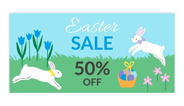 Plantilla de banner horizontal de venta de pascua plana