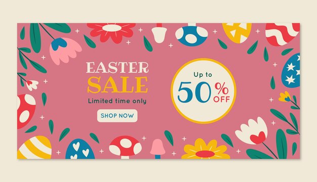 Plantilla de banner horizontal de venta de pascua plana