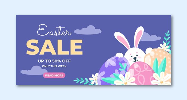 Plantilla de banner horizontal de venta de pascua plana