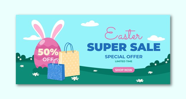 Plantilla de banner horizontal de venta de pascua plana