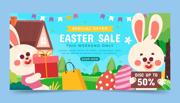 Plantilla de banner horizontal de venta de pascua plana