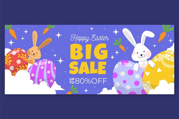 Plantilla de banner horizontal de venta de pascua plana