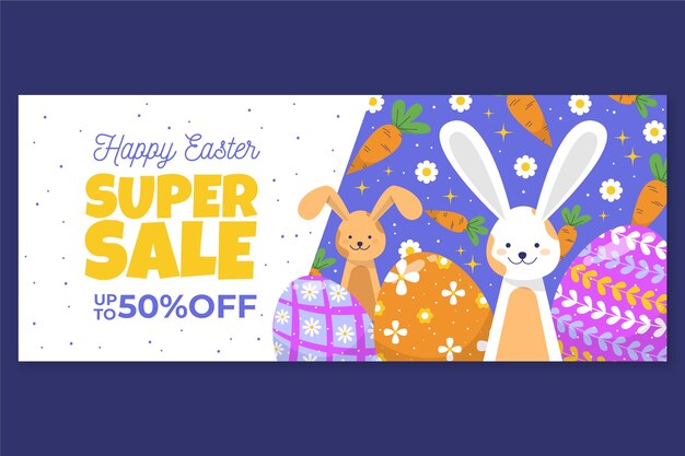 Plantilla de banner horizontal de venta de pascua plana