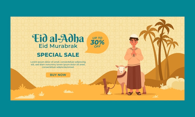 Vector gratuito plantilla de banner horizontal de venta plana de eid al-adha