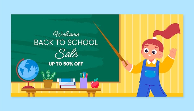 Vector gratuito plantilla de banner horizontal de venta plana de regreso a la escuela con estudiante y pizarra